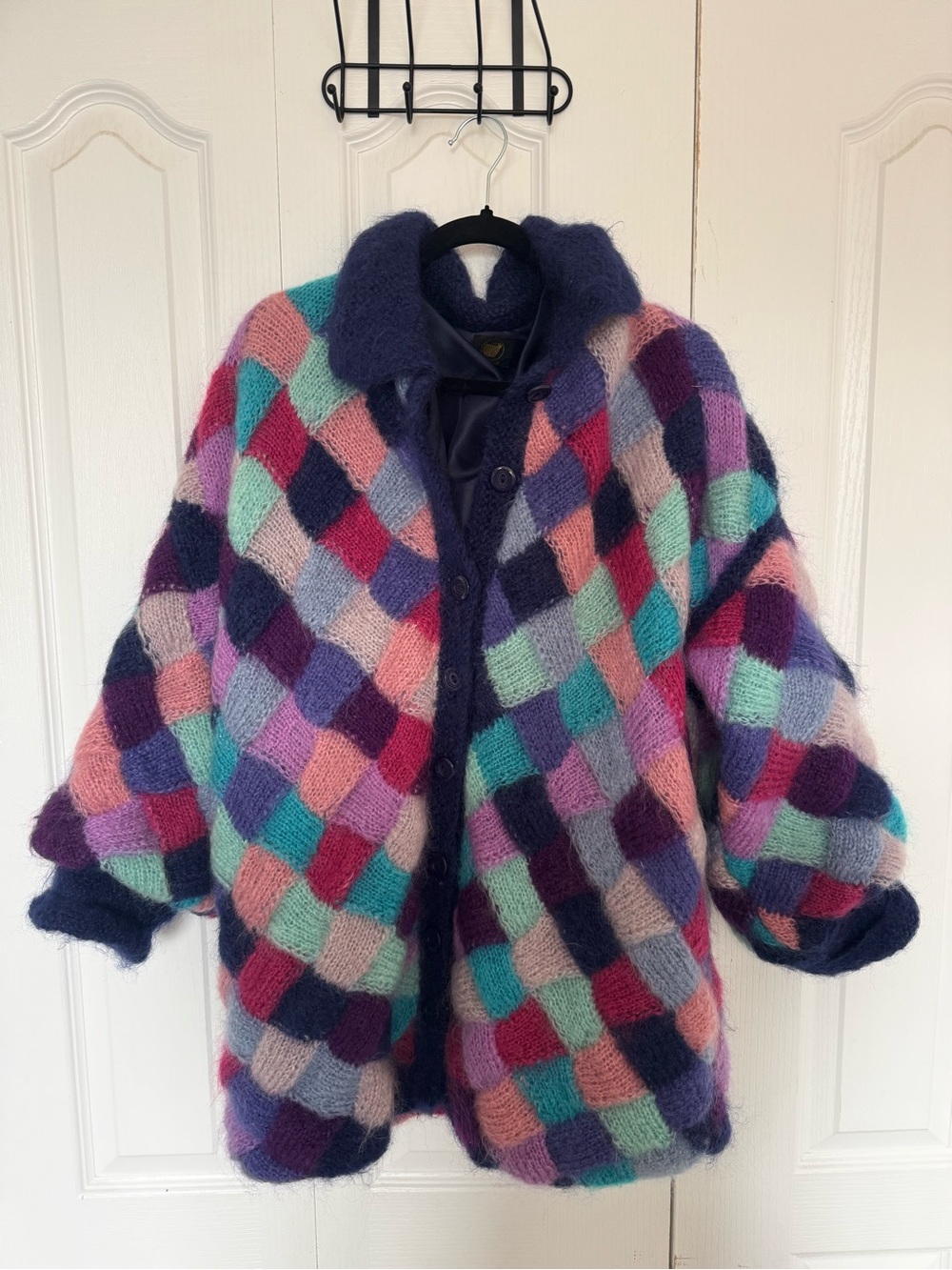 VTG Hand Knitted Mohair Cardigan Jacket Made in England Lined Patchwork Size